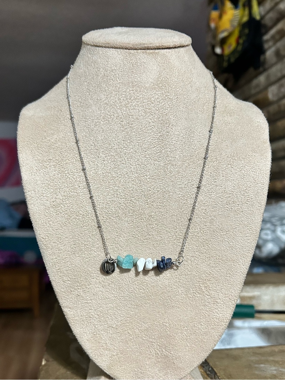 Virgo Necklace with Blue, Teal and White Gemstone Beads